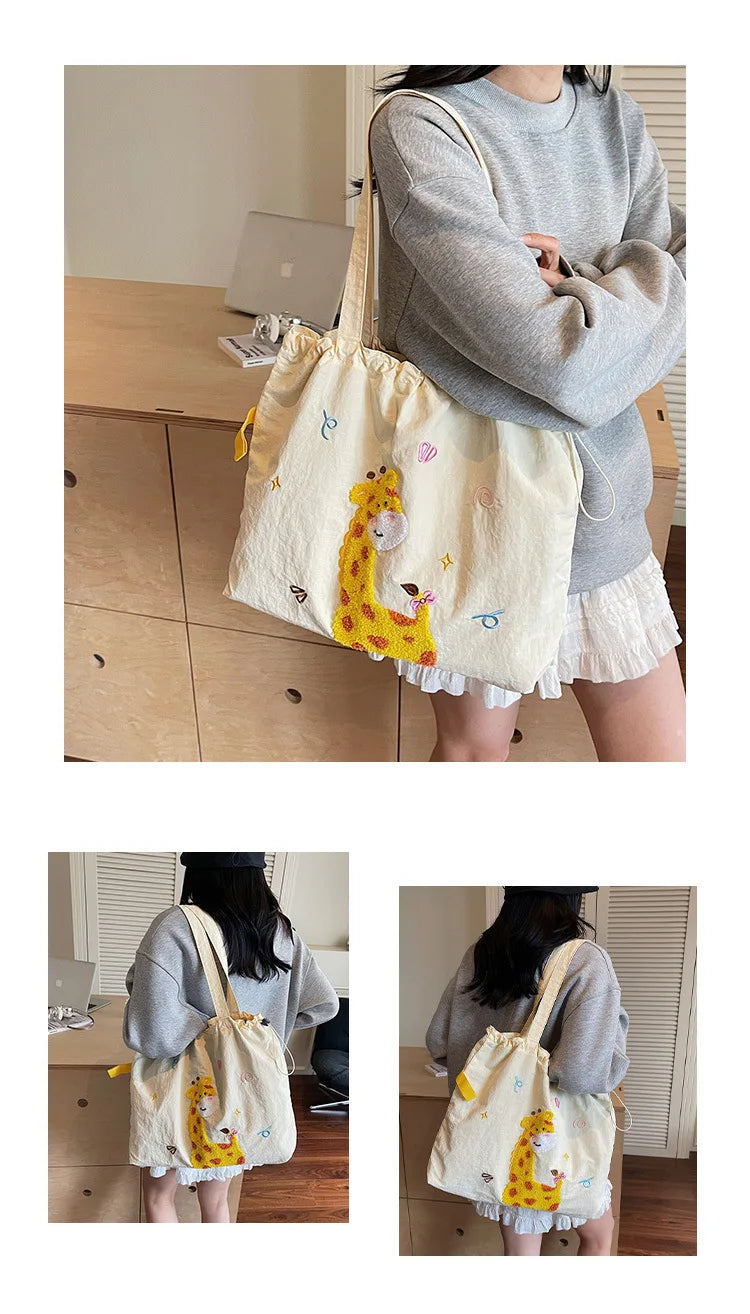 Leisure Large Capacity Single Shoulder Bag Trendy Embroidered Nylon Tote Bag School Style Sweet Handle Bag