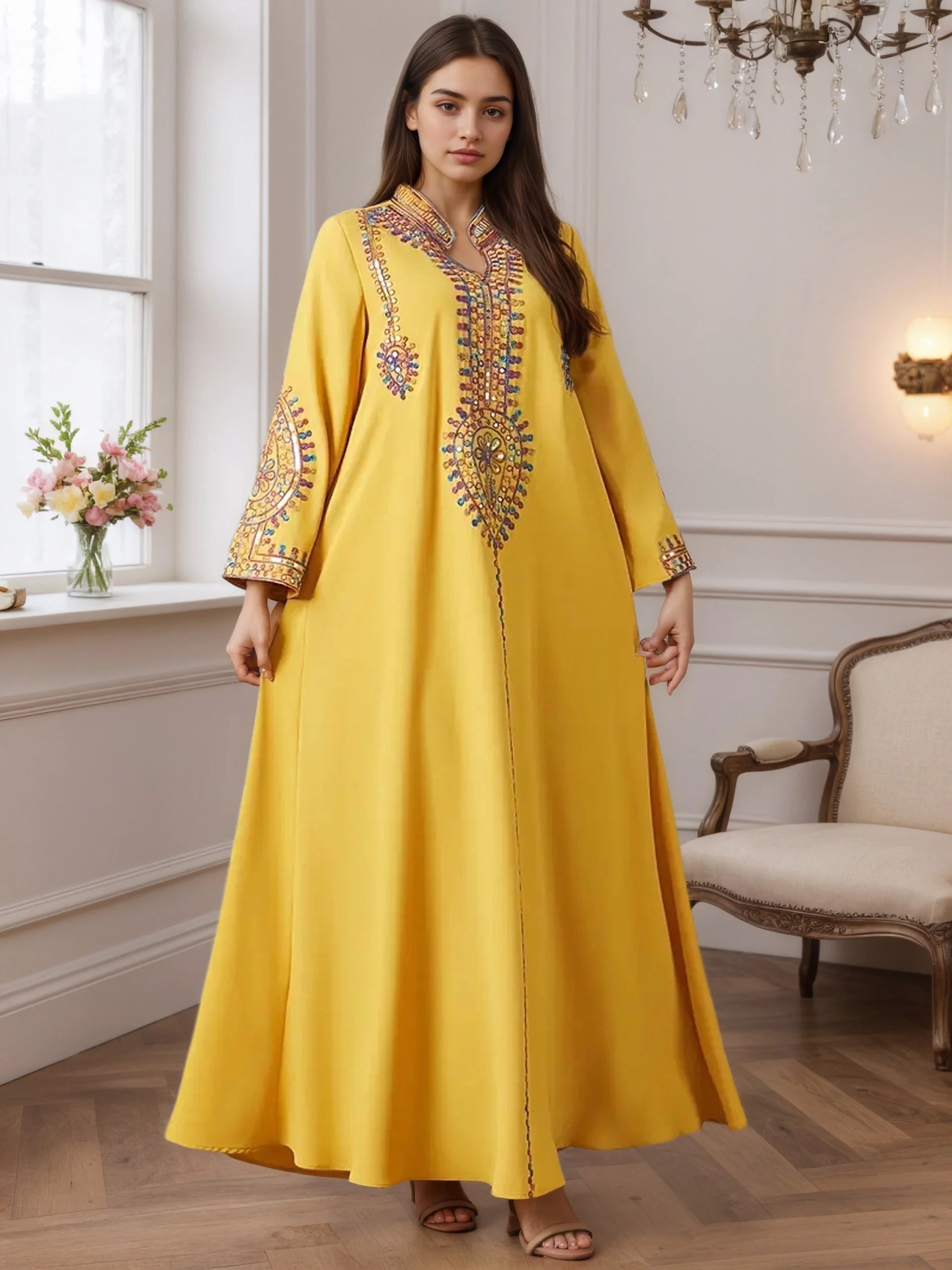 Dubai 2025 Hot Sell Moroccan Islam Women Style Yellow Abaya Intricate Hand Embroidered Patterns for Arabian Cultural Gatherings