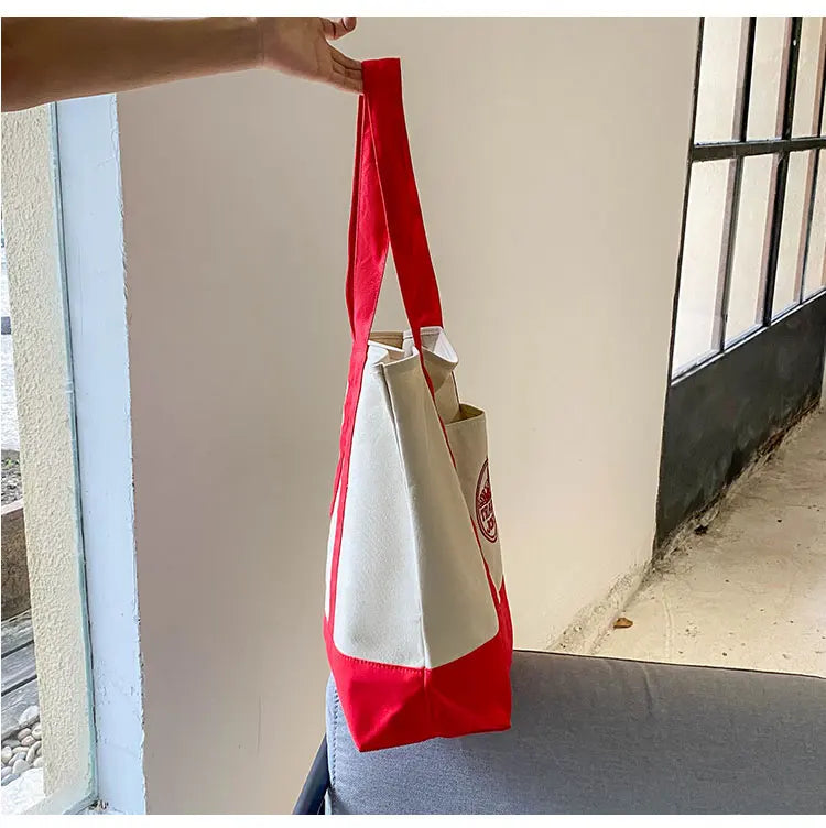 Tr Joe's Large Capaci op Bag Canvas Bag Embroidered Casual Handheld Single oulder Bag Contrast Color Trend Summer