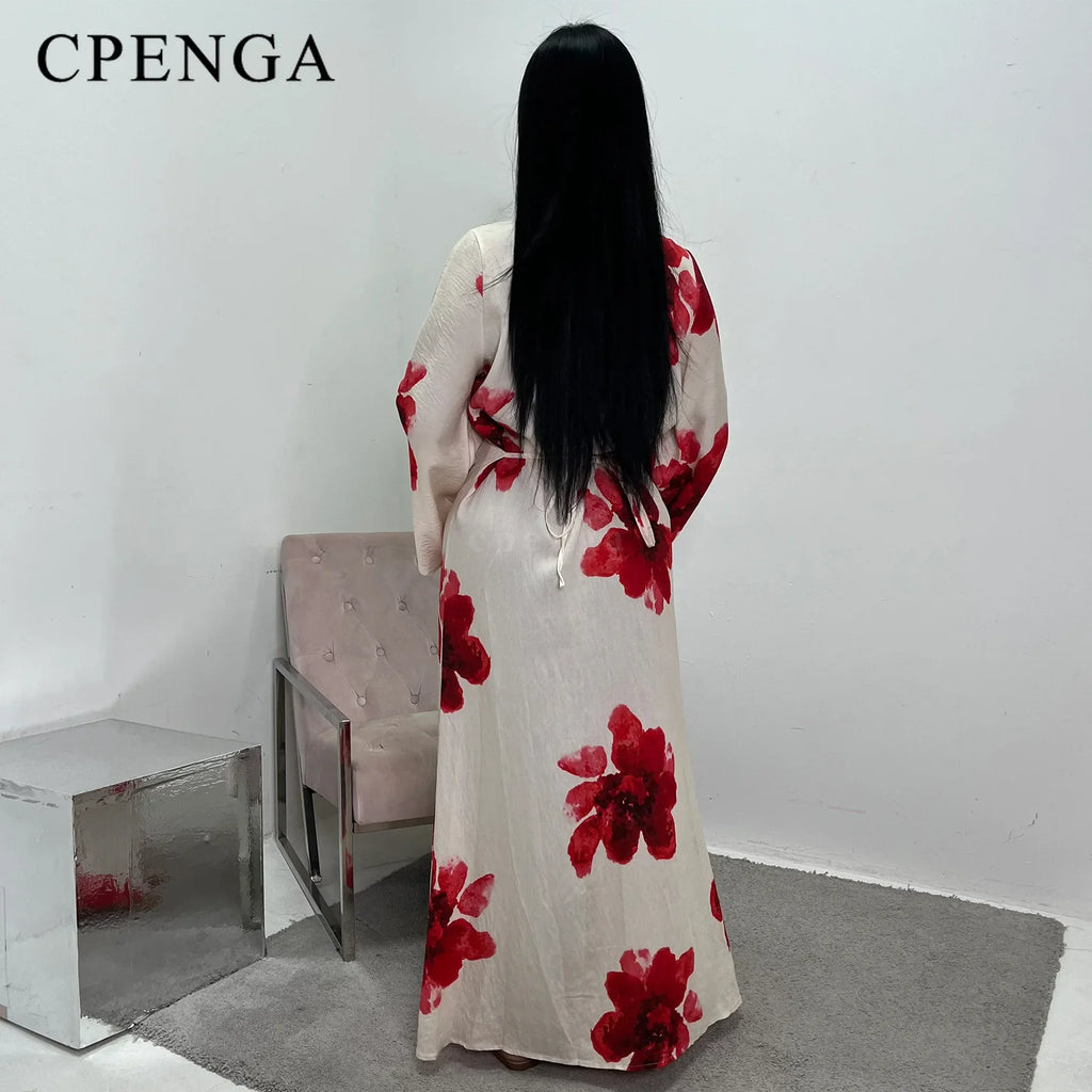 Elegant Floral Print Abaya Dress for Muslim Women Modest Full-Length Ankle-Grazing Maxi Robe 2025 Summer Islamic Turkey Outfit