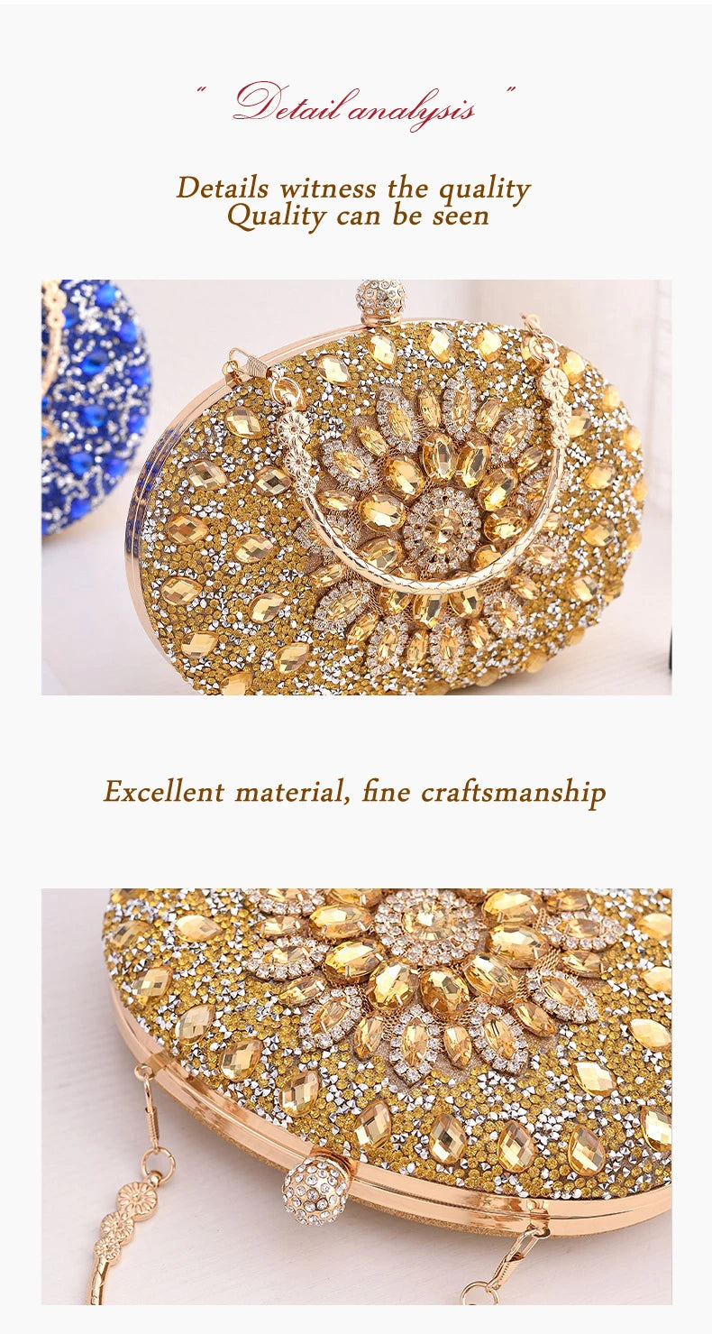 Gold Round Bag Luxury Brand Rhinestone Clutch Bags for Women 2024 Crystals Party Purses Diamond Designer Crossbody Handbags