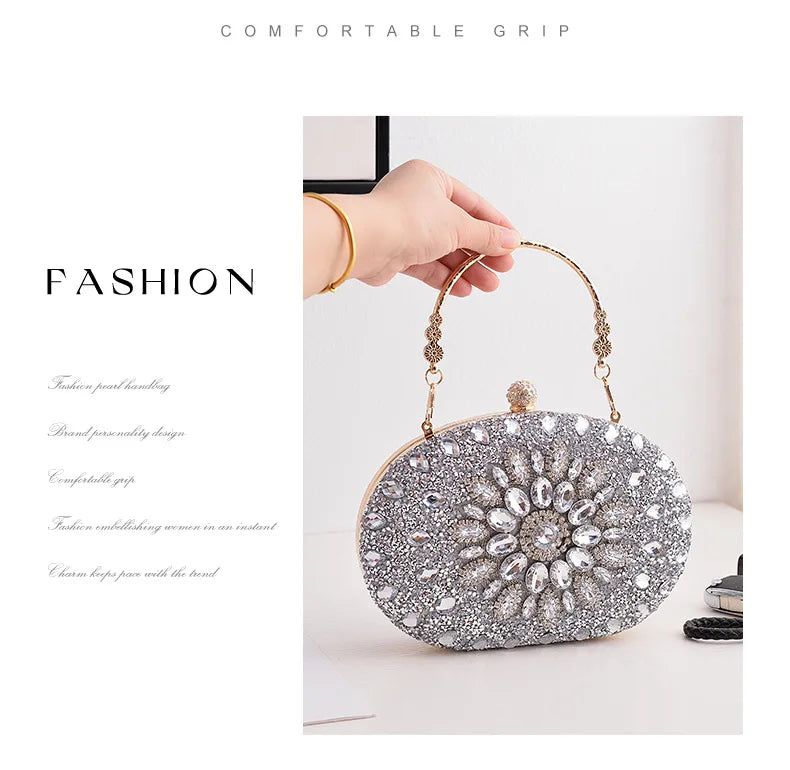 Gold Round Bag Luxury Brand Rhinestone Clutch Bags for Women 2024 Crystals Party Purses Diamond Designer Crossbody Handbags