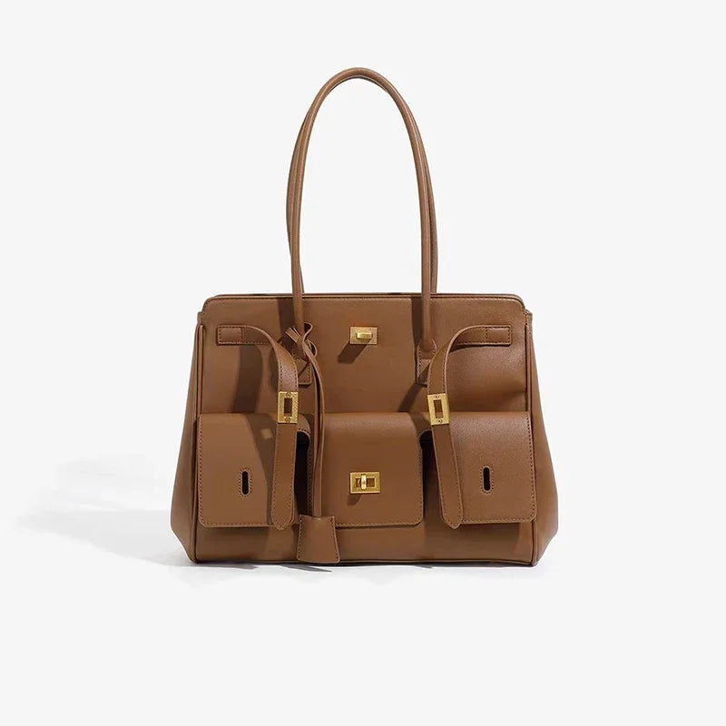 Luxury Brand Silver Buckle Fashion Genuine Leather Handbag New Large Capacity Tote Bag Designer Women's Commuter Shoulder Bag