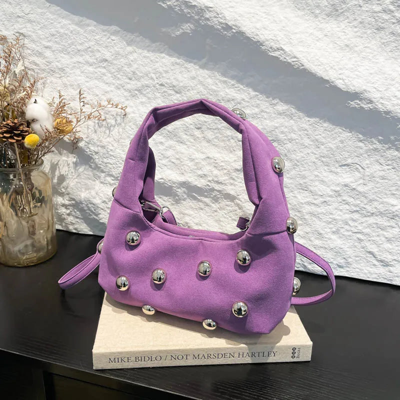 Luxury Purple Handbag For Women Luxury Studded Beading Handbags Wine Red Purse Solid Color Suede Leather Shoulder Crossbody Bags