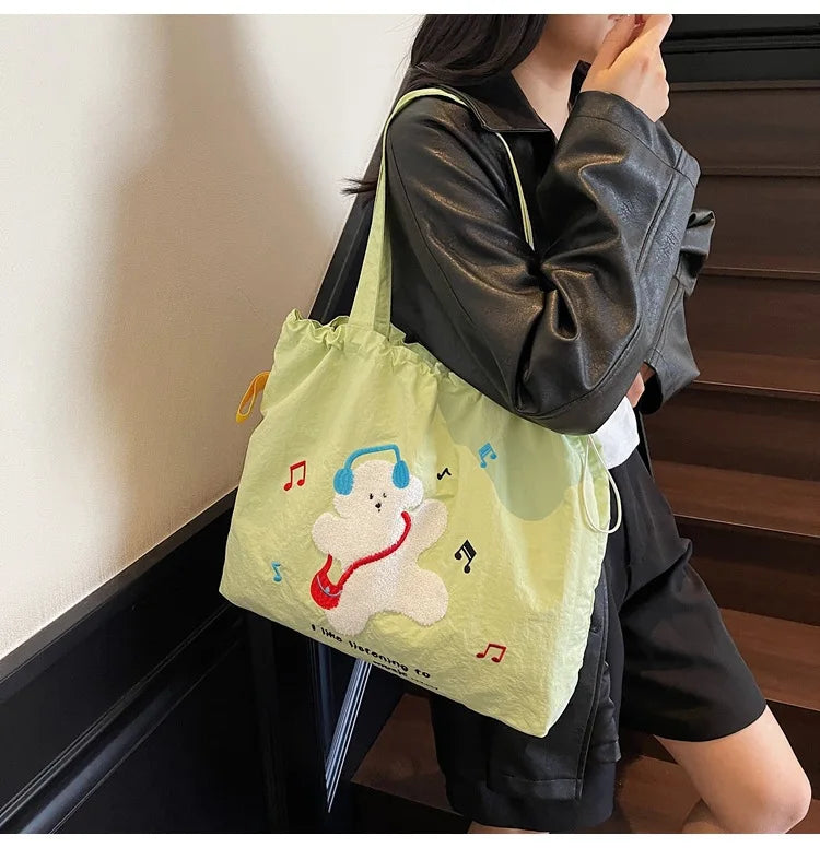 Leisure Large Capacity Single Shoulder Bag Trendy Embroidered Nylon Tote Bag School Style Sweet Handle Bag