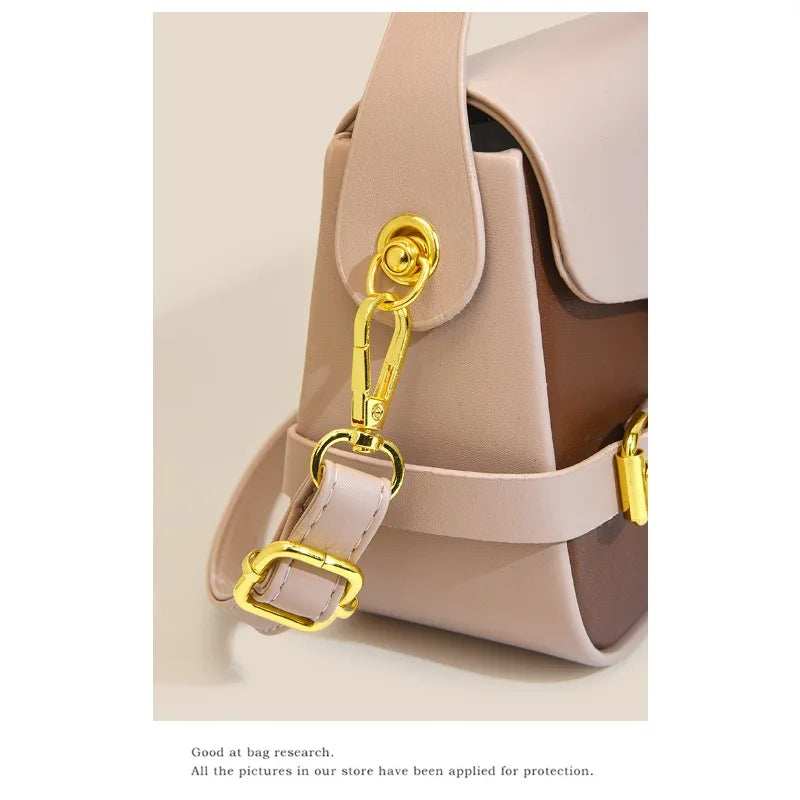Luxury women's crossbody bag with color-blocking and stitching, box-style multi-color textured light luxury commuter bag.