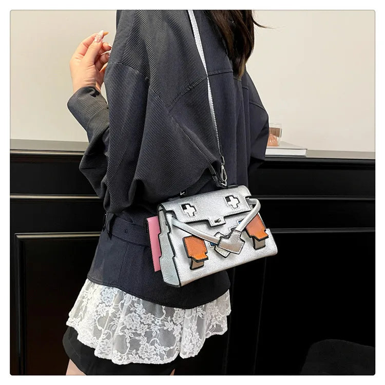 2025 Niche Kelly Bag Womens Mosaic Doll Robot Print Shoulder Crossbody Purse Unique Designer Handheld Tote Fashion Statement