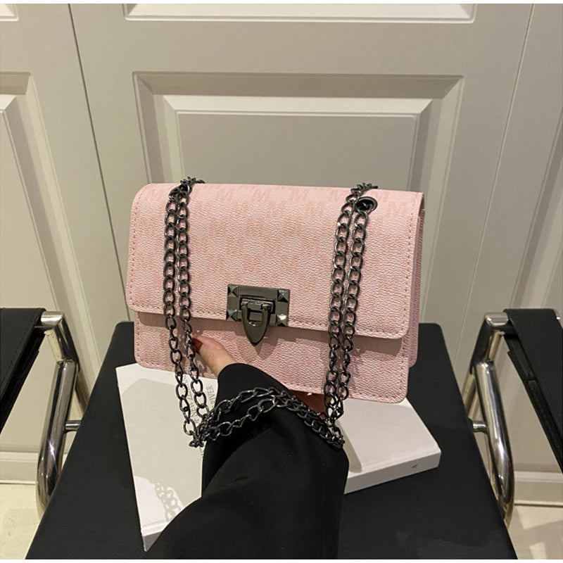 Luxury Letter Print Crossbody Shoulder Bag,Chain Buckle Compact Chic Women Sling Bag,Lady Vintage Casual Personalized Square Bag