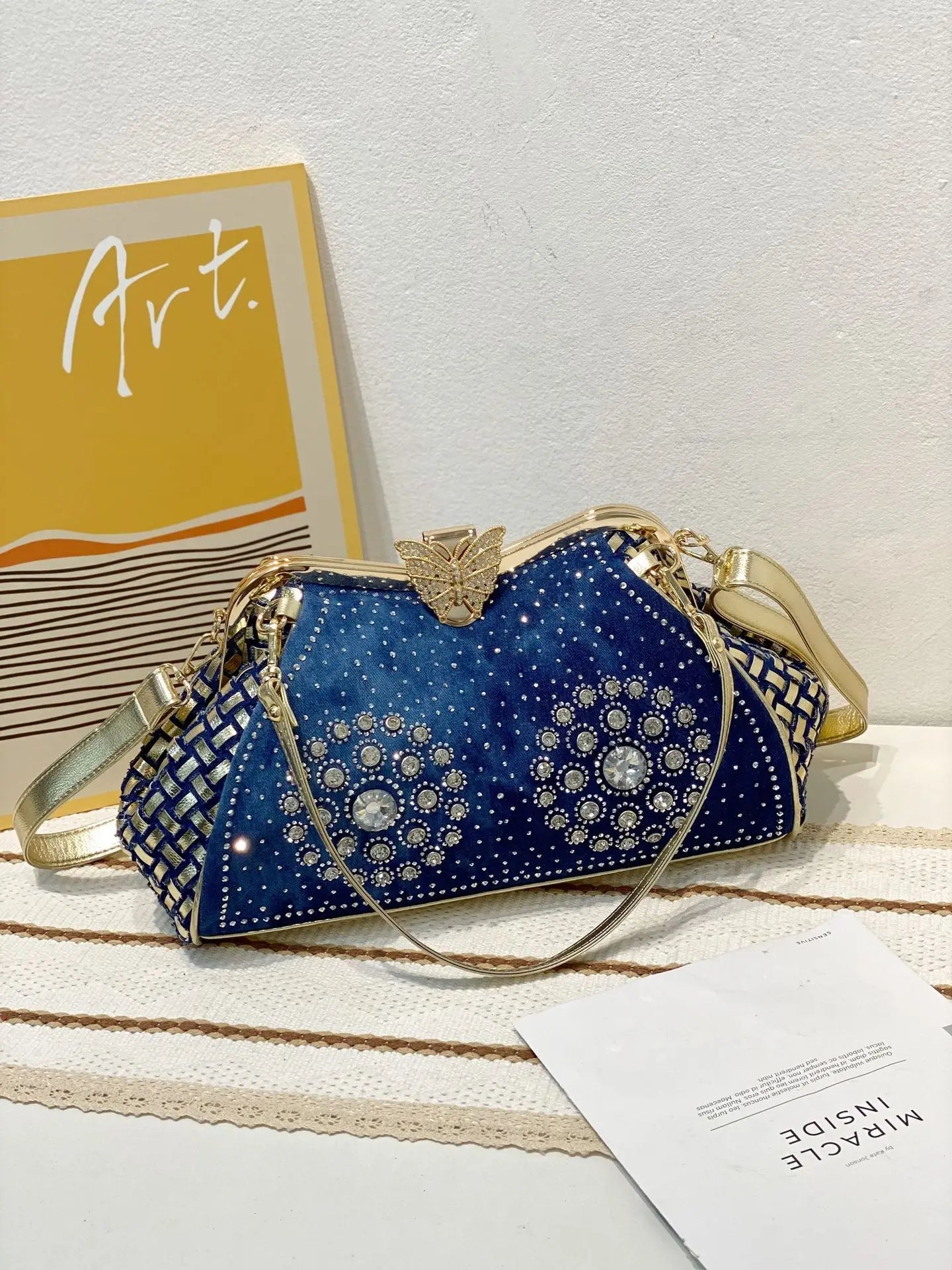 Denim Rhinestones Women Handbag Clutch Bag For Evening Party Chic Butterfly Decoration Ladies Denim Fireworks Shoulder Bag