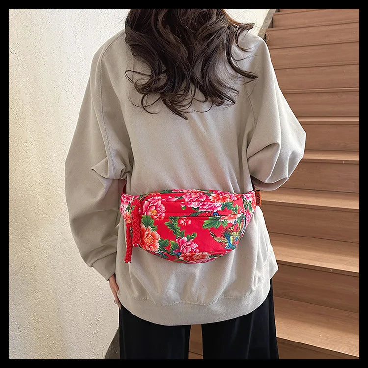 Women Fanny Bag Pack Large Flower Nylon Belt Bags Fashion Waist Pack Zipper Bag Adjustable Lightweight Multifunction Waterproof