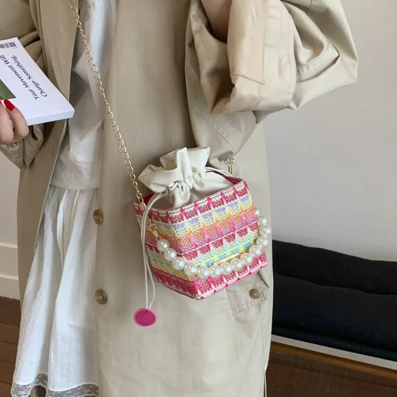 Trendy Chain Strap Women's Crossbody Bag Fashionable Drawstring Shoulder Bag Stylish Small Square Handbag Casual New Model