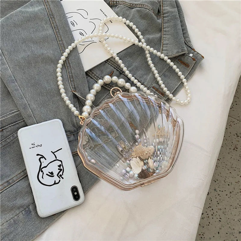 Evening Bags for Women 2023 New Transparent Shell Bag Clutch Box Handbags Pearl Chain Crossbody Bag Acrylic Purse Shoulder Bag