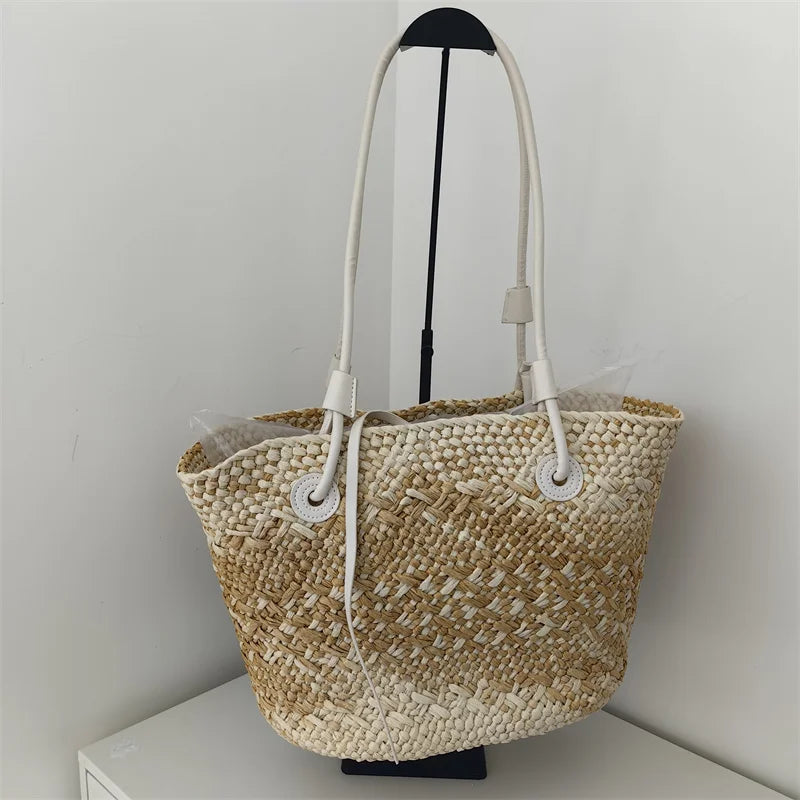 Summer Seaside Beach Bag Hand-woven Large Capacity Straw Tote Bag Gradient Color Design Women 's Travel  Vacation Shoulder Bag