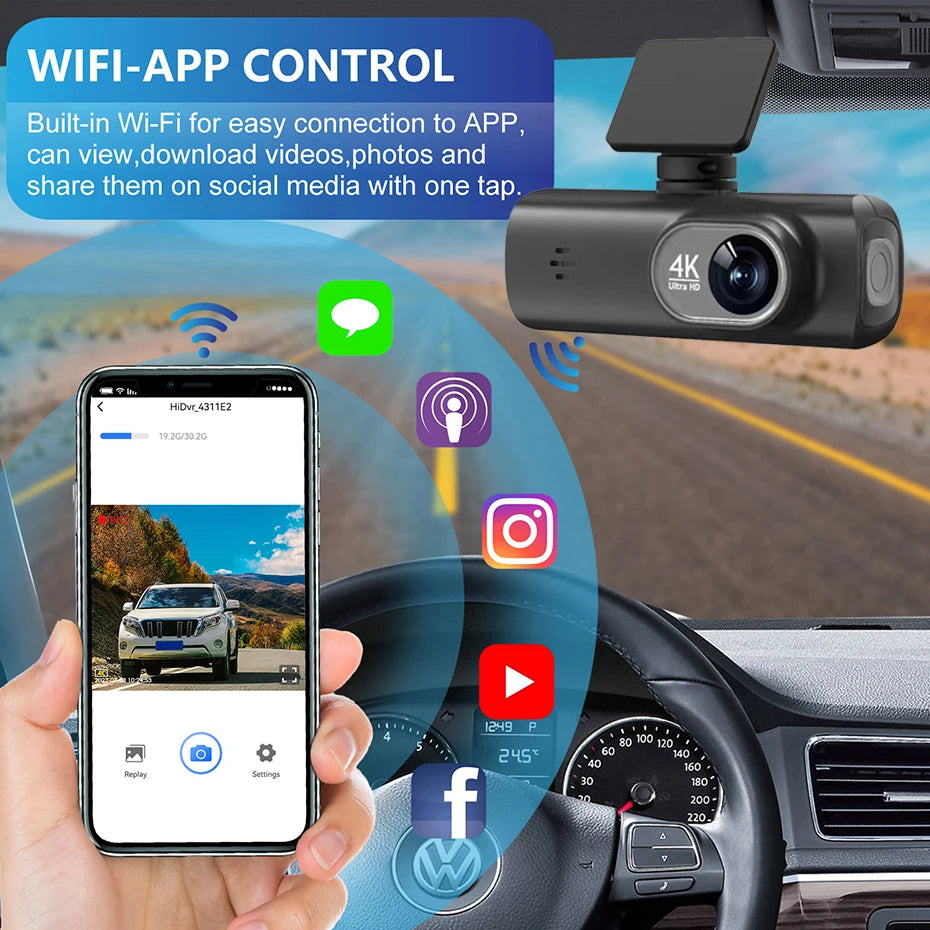 Dash Cam 4K UHD for Car Camera Front Rear Dual Lens With GPS WiFi 24h Parking Mode Night Vision Car DVR Video Registrator