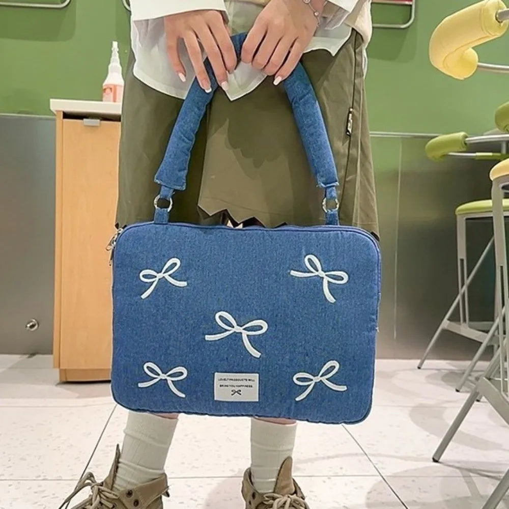 Portable Fashion Computer Bag 14 Inches Shockproof Laptop Bag Soft Bowknot Embroidered Tablet Carring Case Daily Commute