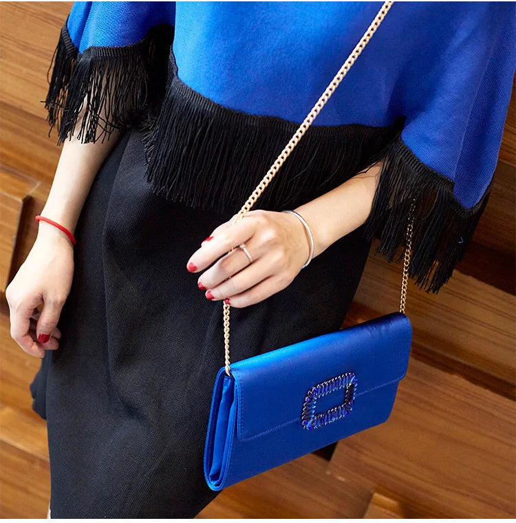 Elegant Satin Envelope Evening Handbags for Women Square Diamond Buckle Wedding Bridal Party Purse Shoulder Chain Messenger Bags