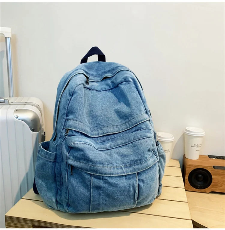 Blue Denim Backpacks For Women 100% Cotton Leisure Or Travel Bags Unisex Large Capacity Canvas Satchels Cloth Korea School Bags