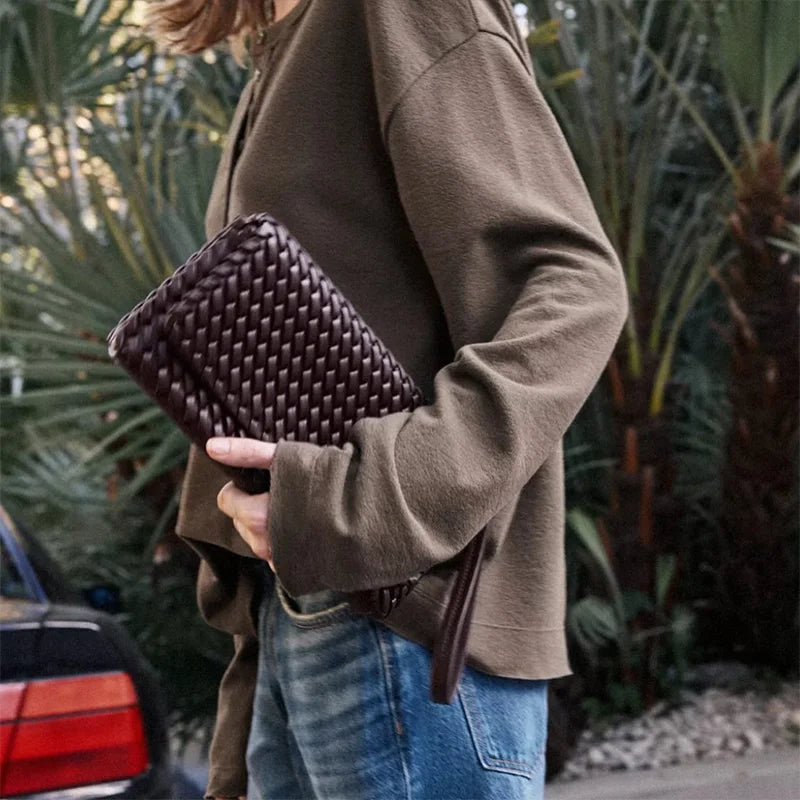 Luxury Top Handle Tote Bag Elongated Exquisite Woven Shopping Bag Magnetic Closure Pocket Shoulder Bag Designer Horizontal Purse