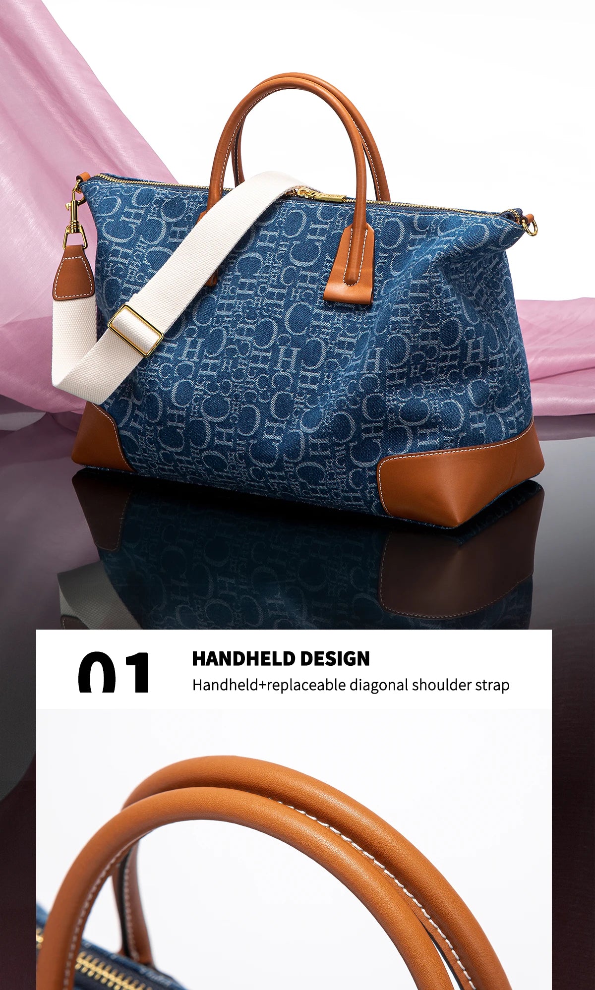 Geometric Letter Pattern Travel Totes – Sophisticated Blue Fabric  Leather Accents Metallic  for Urban Mobility Chic Versatility
