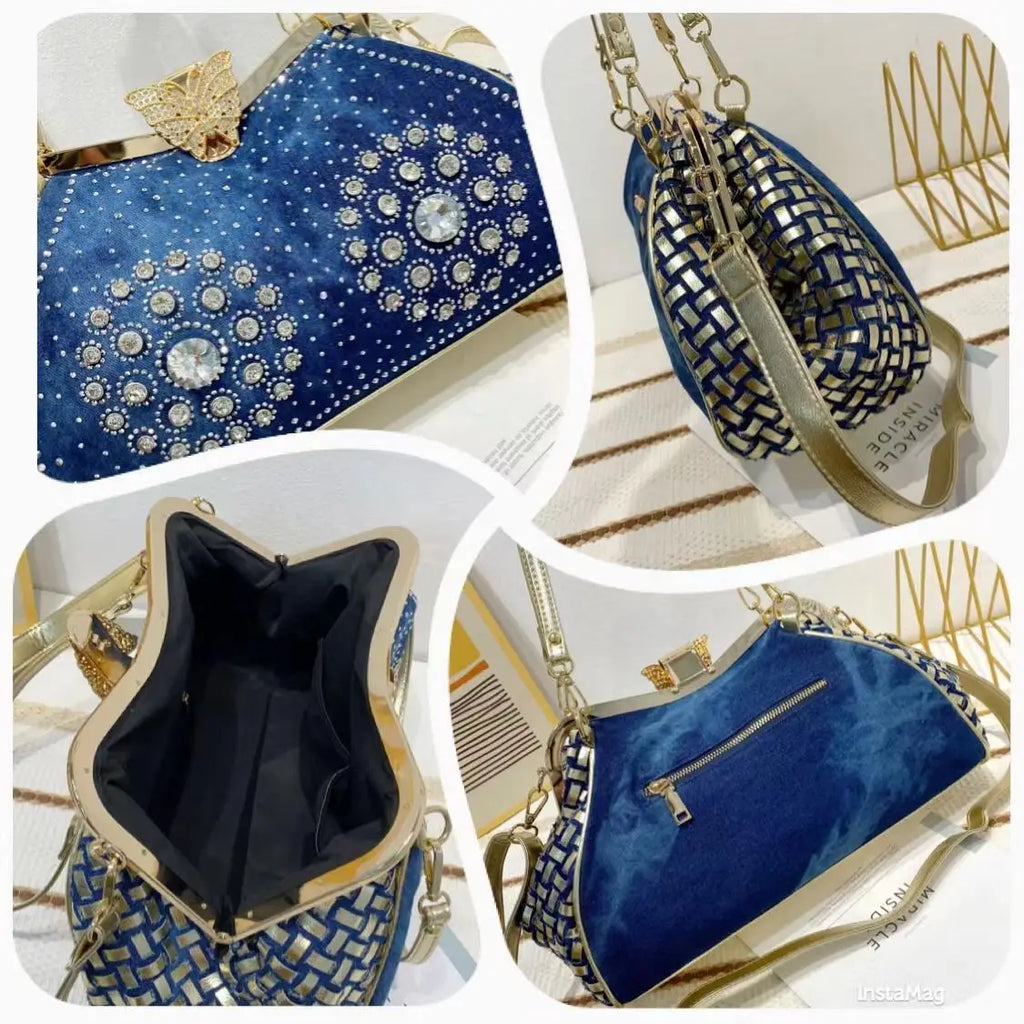 Denim Rhinestones Women Handbag Clutch Bag For Evening Party Chic Butterfly Decoration Ladies Denim Fireworks Shoulder Bag