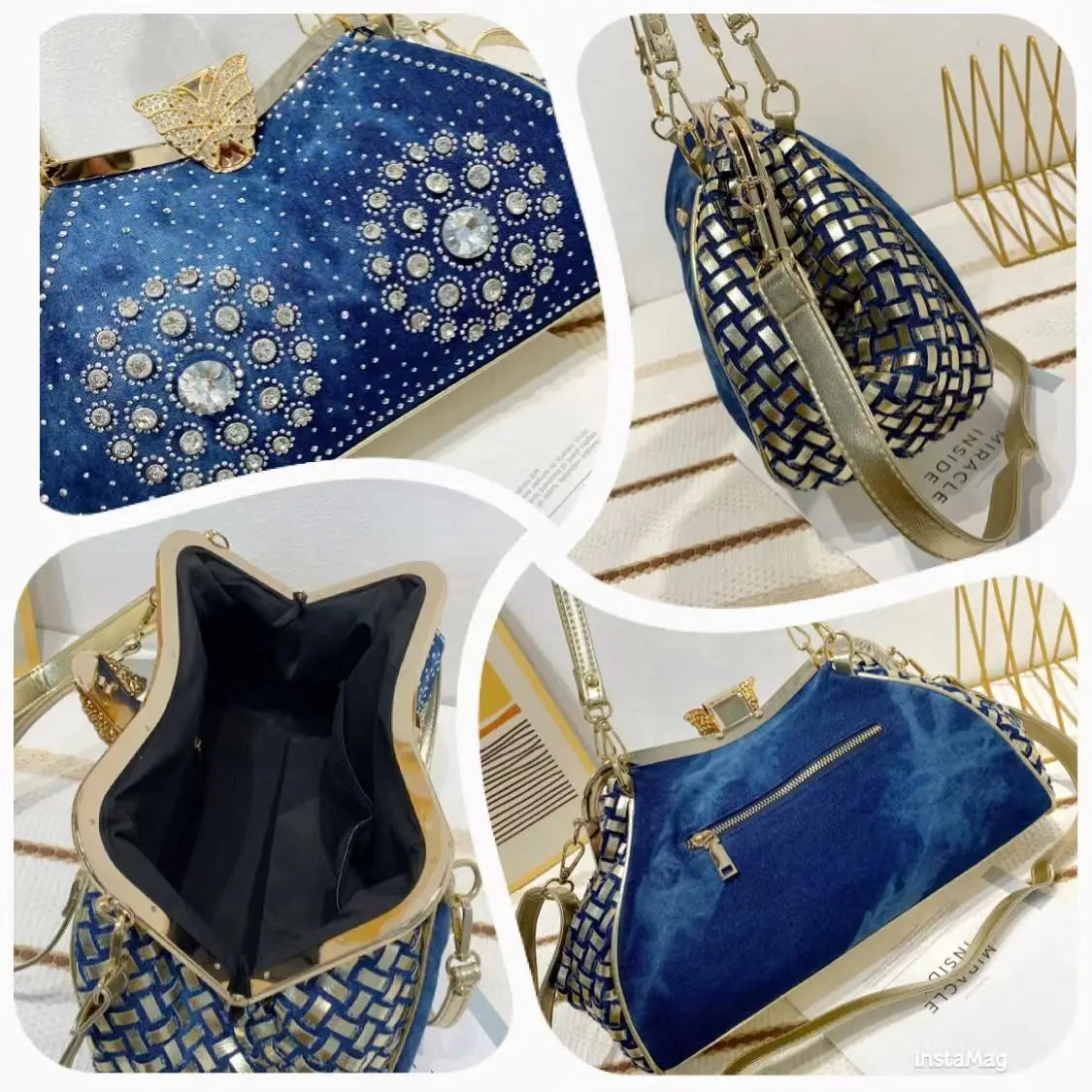 Denim Rhinestones Women Handbag Clutch Bag For Evening Party Chic Butterfly Decoration Ladies Denim Fireworks Shoulder Bag