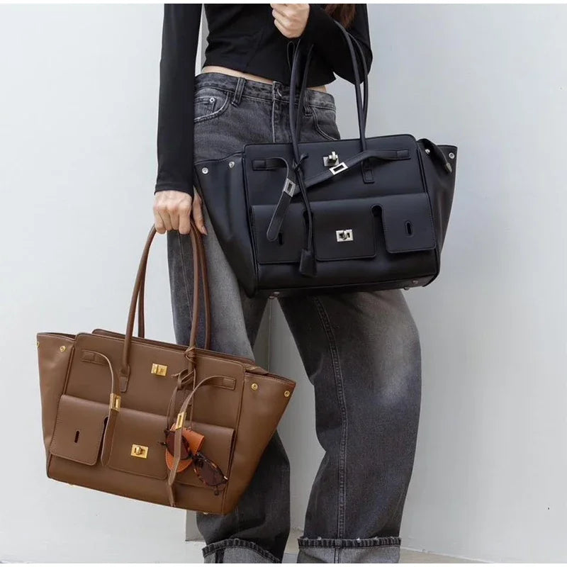 Luxury Brand Silver Buckle Fashion Genuine Leather Handbag New Large Capacity Tote Bag Designer Women's Commuter Shoulder Bag