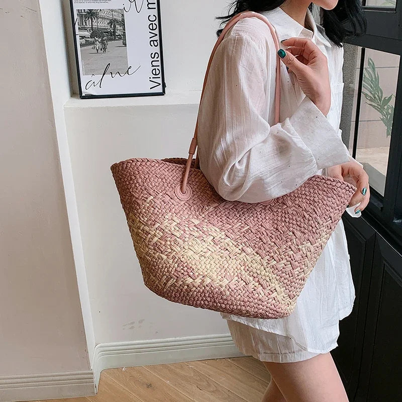 Summer Seaside Beach Bag Hand-woven Large Capacity Straw Tote Bag Gradient Color Design Women 's Travel  Vacation Shoulder Bag