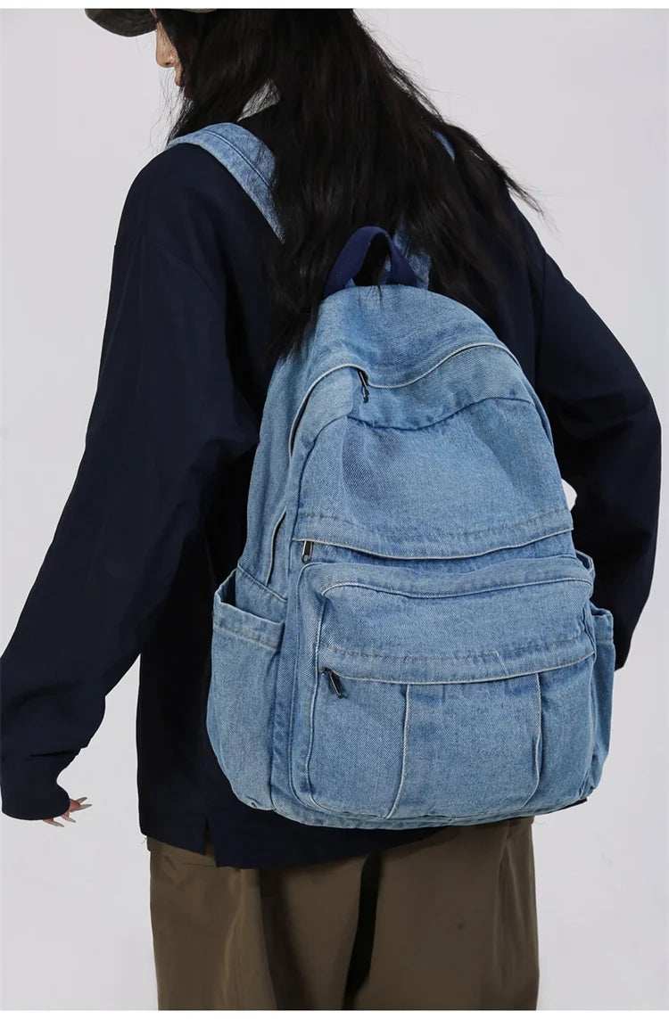 Blue Denim Backpacks For Women 100% Cotton Leisure Or Travel Bags Unisex Large Capacity Canvas Satchels Cloth Korea School Bags
