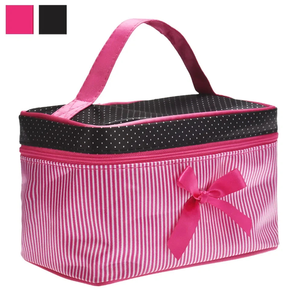 Women Travel Bow Stripe Make Up Bags Girl Cosmetic Bag Makeup Beauty Bra Wash Organizer Toiletry Pouch Storage Kit Bath Case