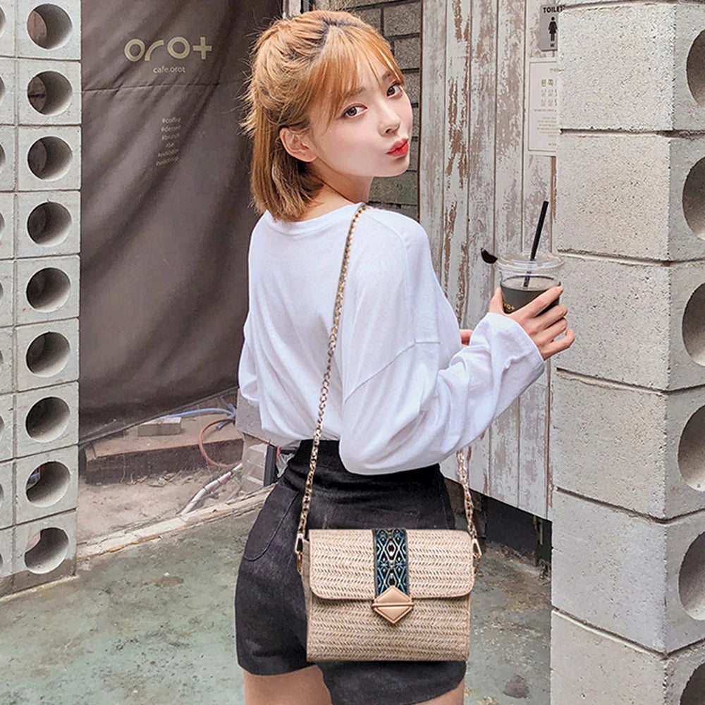 Clutch Crossbody bag Square Straw Bags Women Fashion Rattan Messenger Bag Handbag bolsas sacos соломенная сумка