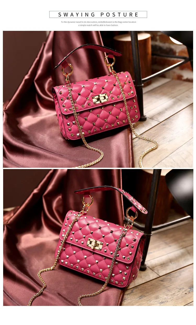 Handbags for Women Sheepskin Leather Rivet Chain Bag Designer Shoulder Bags Luxury Woman Messenger-package Rose Red