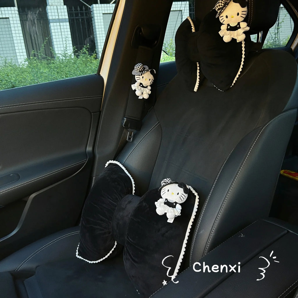 Black Hello Kitty Car Headrest Neck Protection Pillow Seat Belt Cover Universal Interior Waist Pillow Car Cushion