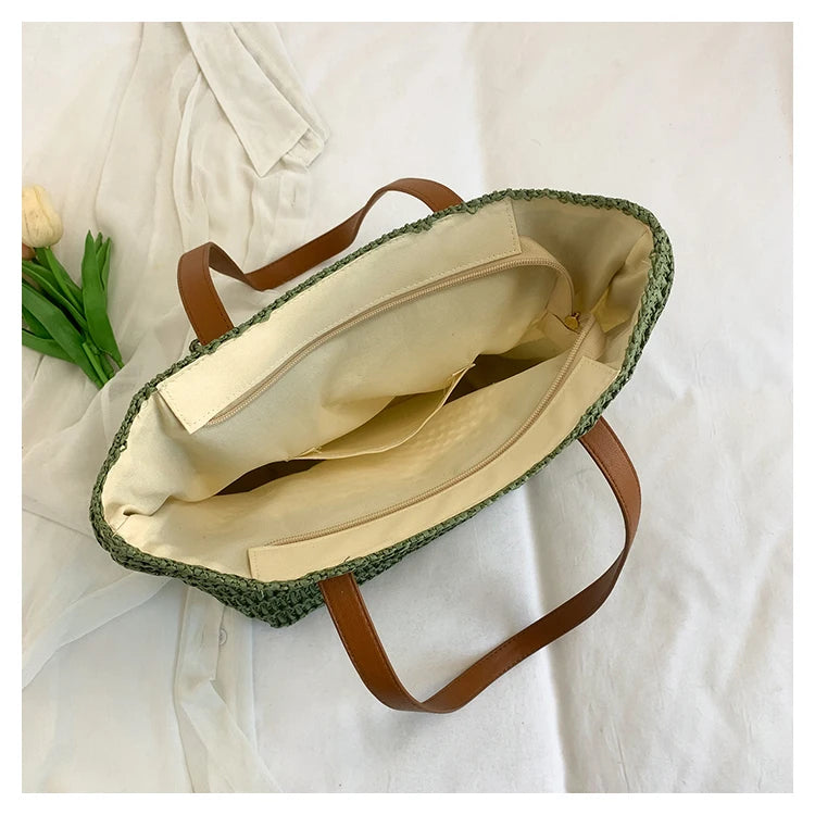 Color-blocked Linen Knitting Fashion Shoulder Bag Hollow Large Capacity Zipper Casual Tote Hot Sale Bags for Women Bolsa Mujer