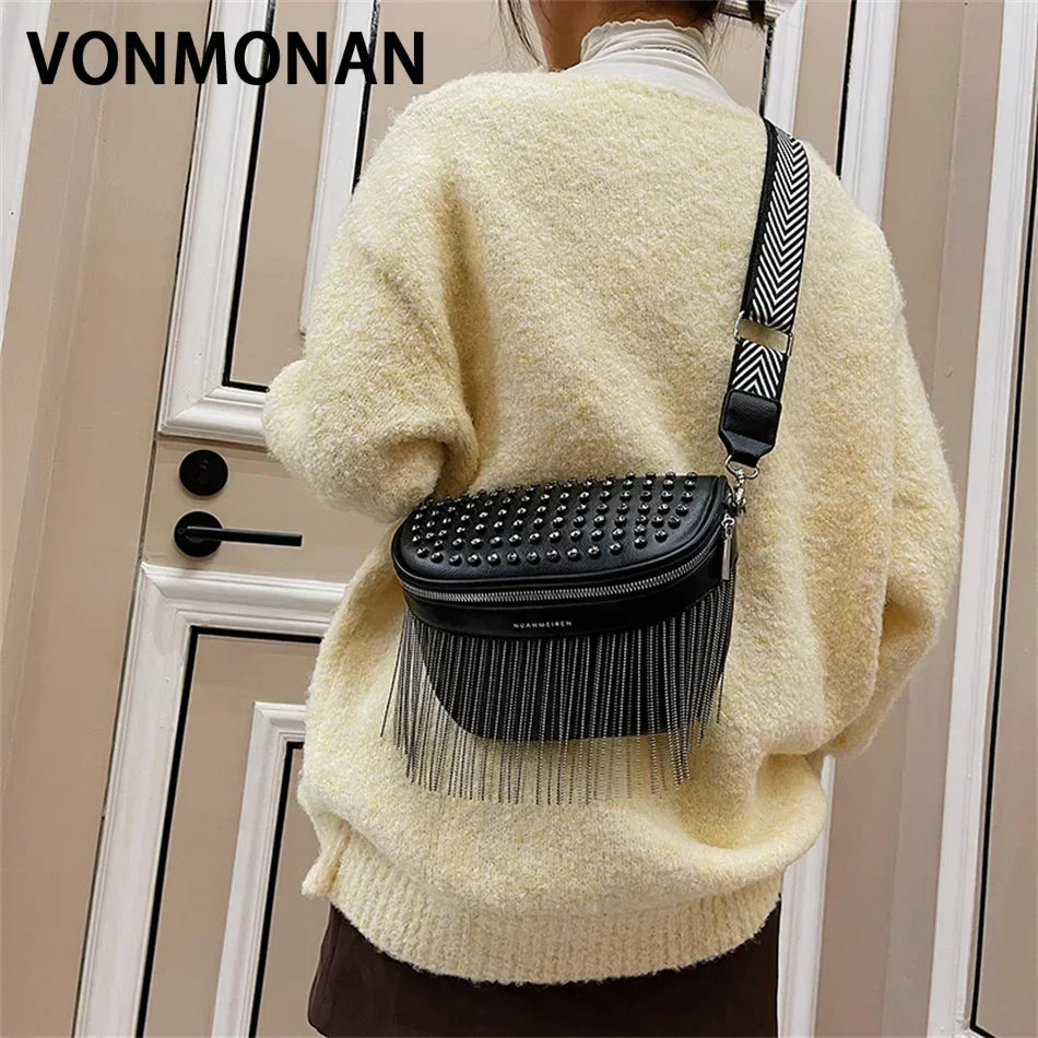 Luxury Woman Chest Bag Fashion Tassel Leather Large Capacity Crossbody Sling Bag Women Waist Bag Casual Rivet Design Travel Sac