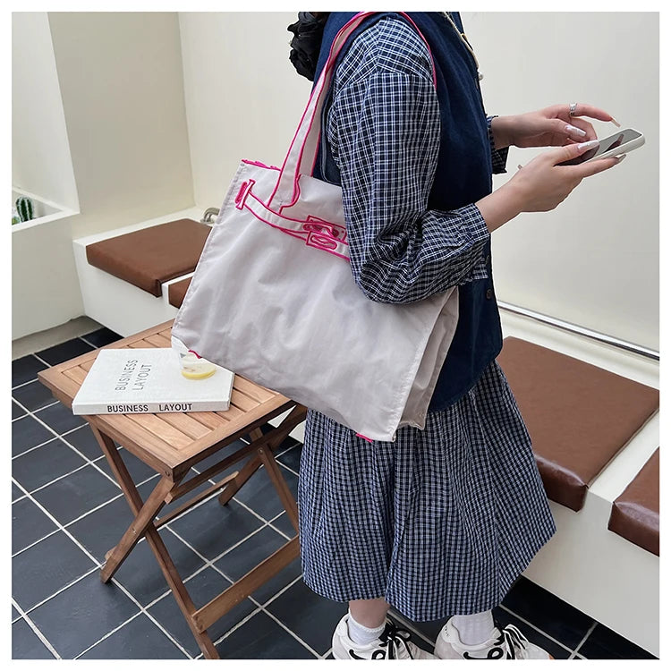 Funny Design Large Capacity Tote Bags 2025 New Casual Lightweight Nylon Shoulder Bag Versatile Canvas Bag Women Shopping Handbag