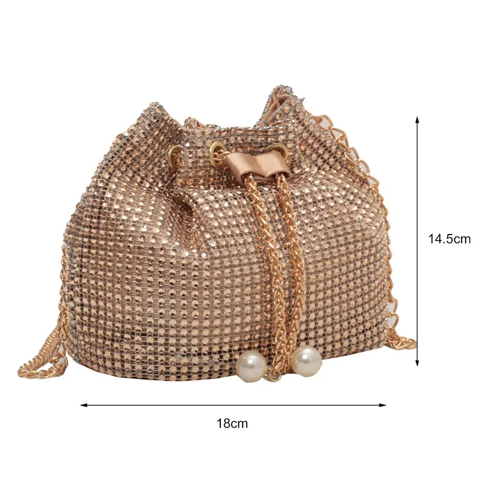 Fashion Evening Bag for Women Shiny Crossbody Bag Bling Rhinestone Bucket Shoulder Messenger Bags Ladies Glitter Handbag Purse