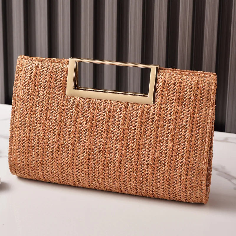European Style Straw Evening Bag 2025 New Square Buckle Clutch Simple Dinner Bag for Women Shoulder Crossbody Bags