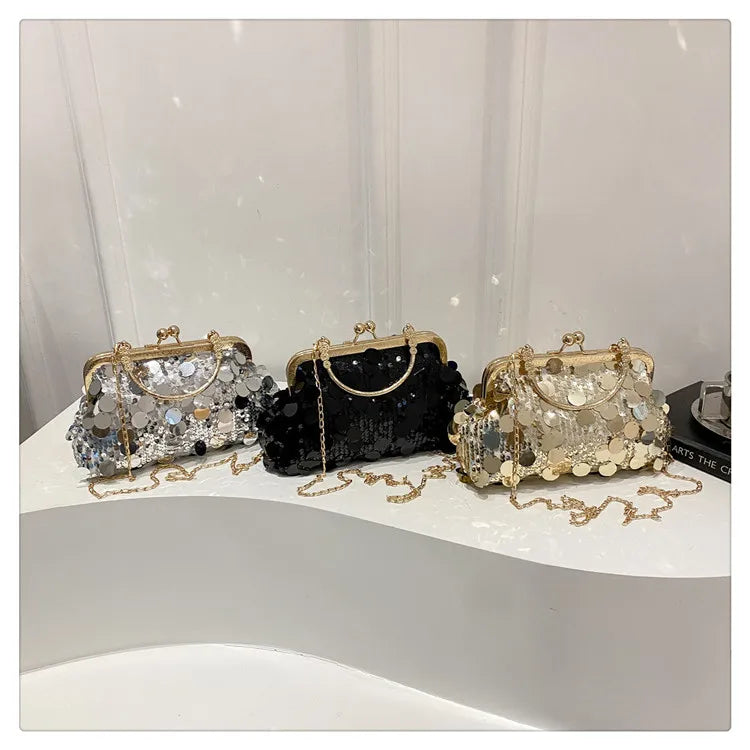 Elegant Sequined Evening Shoulder Bags for Women Solid Color Ladies Clip Chain Crossbody Bag Casual Female Shell Handbags Purse