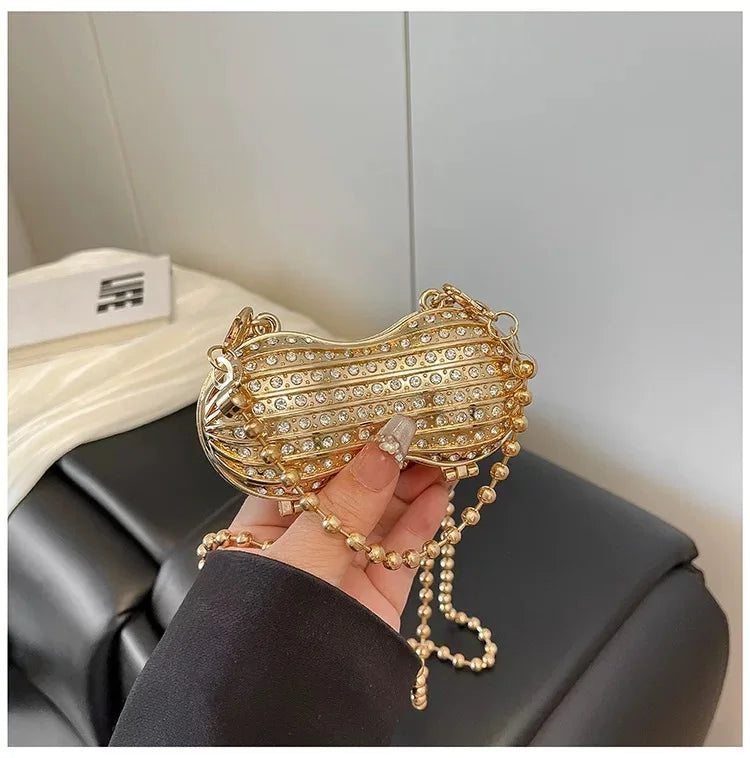 Luxury Diamond Inlay Peanut Shape Crystal Clutch Purse Stones Evening Wedding Party Shoulder Bag Handle Rhinestone Mini Handbags