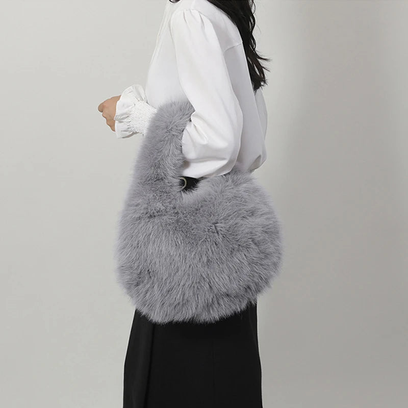 Small Hobo Handle Bags for Women Shoulder Bags Designer Furry Purse and Handbags Fashionable Cute Female Plush Bag