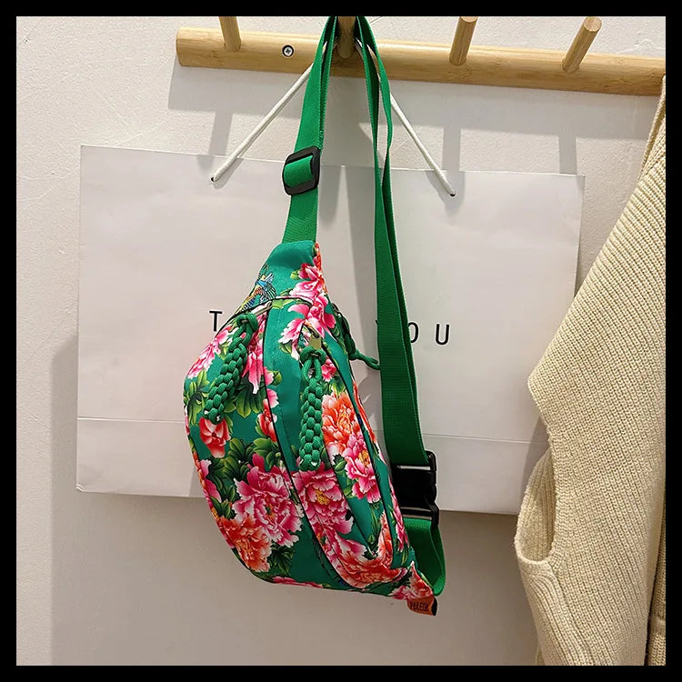 Women Fanny Bag Pack Large Flower Nylon Belt Bags Fashion Waist Pack Zipper Bag Adjustable Lightweight Multifunction Waterproof