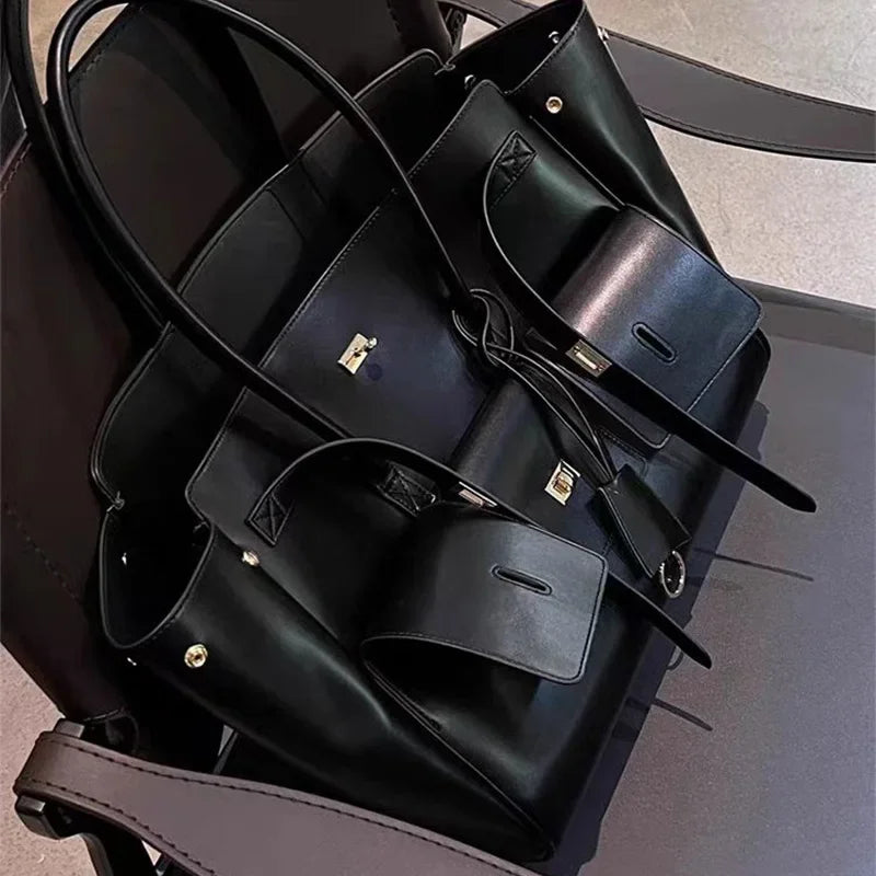 Luxury Brand Silver Buckle Fashion Genuine Leather Handbag New Large Capacity Tote Bag Designer Women's Commuter Shoulder Bag