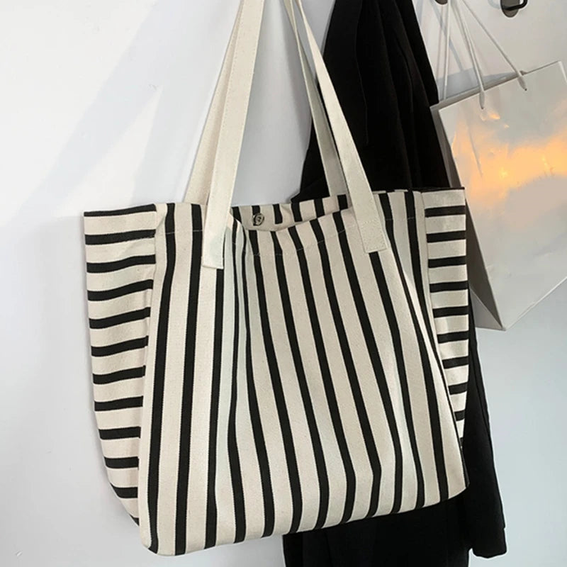 New Beach Tote Bag Fashion Women Canvas Summer Large Capacity Striped Shoulder Bag Tote Handbag Shopping Shoulder Bags ﻿