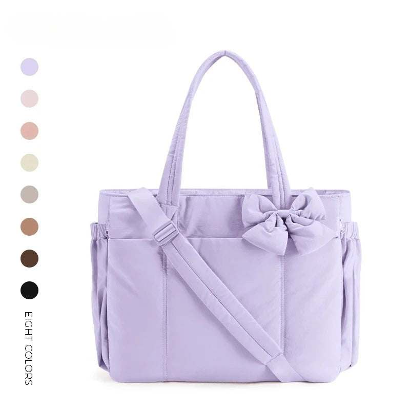 BAGSMART Padded Tote Bag With Bow Casual Quilted Padded Women Shoulder Bags Fit 15.6in Laptop Large Capacity Yoga Gym Bags