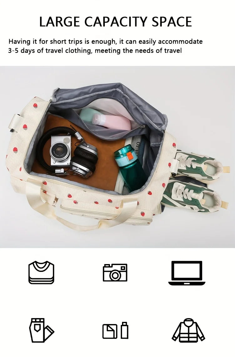 Large Capacity Strawberry Print Duffel Bag with Multiple Compartments - Ideal for Travel, Gym, and Everyday Use, Casual Style