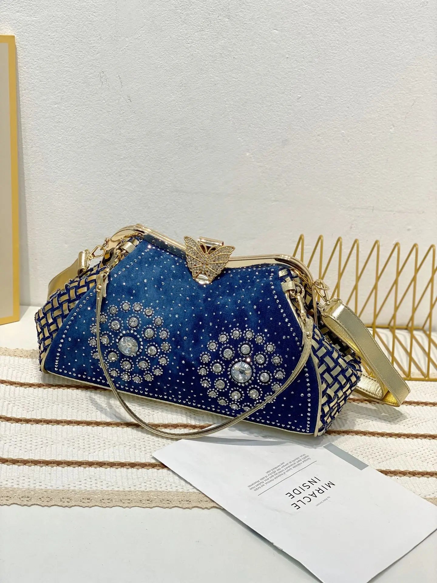 Denim Rhinestones Women Handbag Clutch Bag For Evening Party Chic Butterfly Decoration Ladies Denim Fireworks Shoulder Bag