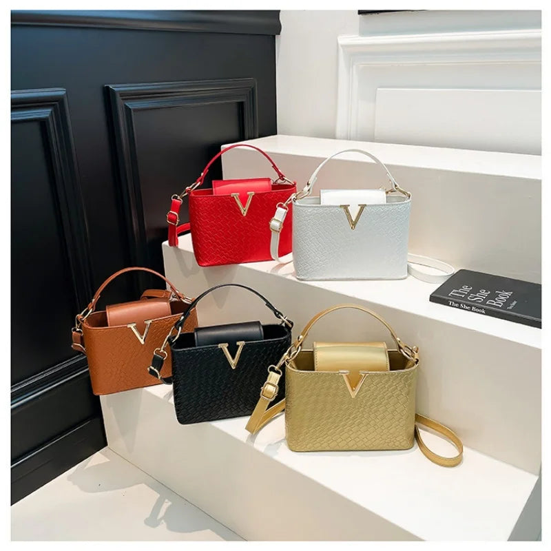 Luxury Women's Tote Bag, Chic V Shaped Stylish Pu Leather Bucket Bag, Top Cover Handbag Women Shoulder Crossbody Bags for Woman