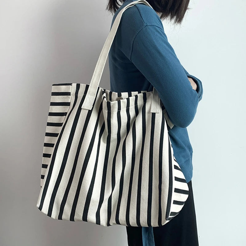 New Beach Tote Bag Fashion Women Canvas Summer Large Capacity Striped Shoulder Bag Tote Handbag Shopping Shoulder Bags ﻿