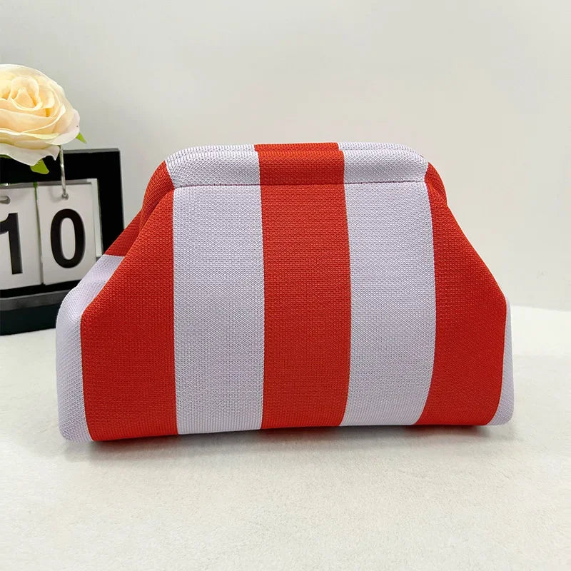 Knitted Striped Handbag Summer Beach Clutch Bags for Women Crochet Handbags Purses Knitting Dumpling Ruched Cosmetics Storage