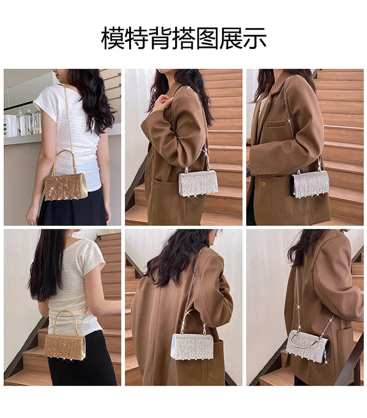 Luxury Golden Shoulder Bag 2025 New for Women, Elegant Rhinestone Clutch Purse, Versatile Crossbody Bag with Adjustable Chain